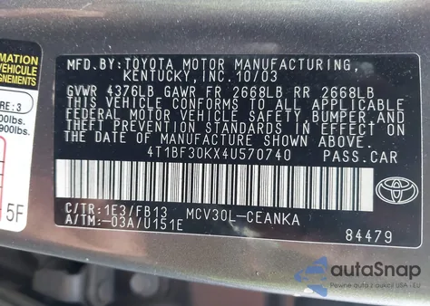 2004 Toyota Camry Le V6 from USA, damaged, VIN 4T1BF30KX4U570740